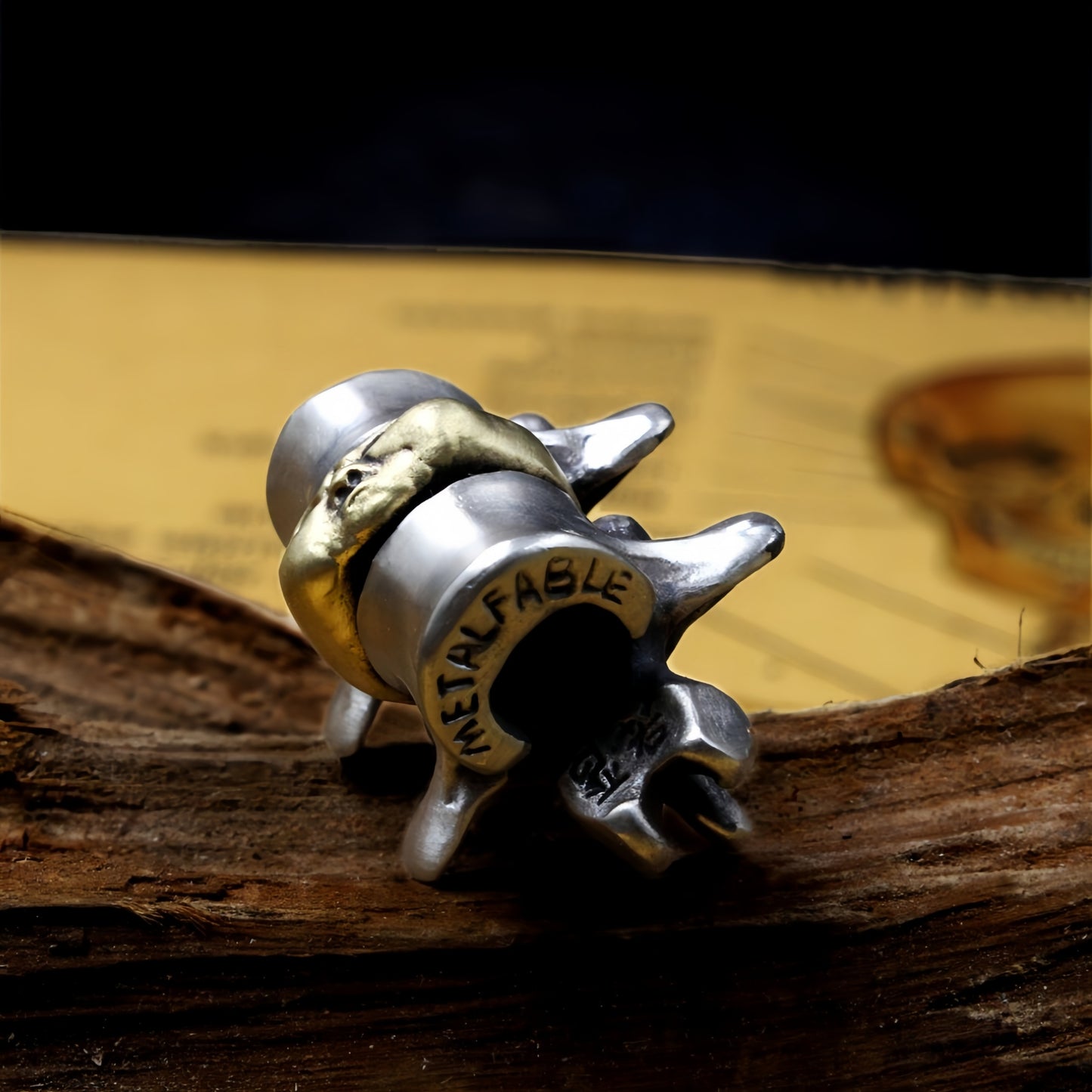 Disc Goblin – Anatomical Spine Knife Bead | Bronze and White Brass EDC Paracord Bead with Grinning Disc Face