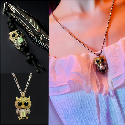 【Early Bird】Owl Trinity Pendant – Handcrafted Brass & Obsidian Owl Necklace with Tritium Glow | EDC Paracord Bead