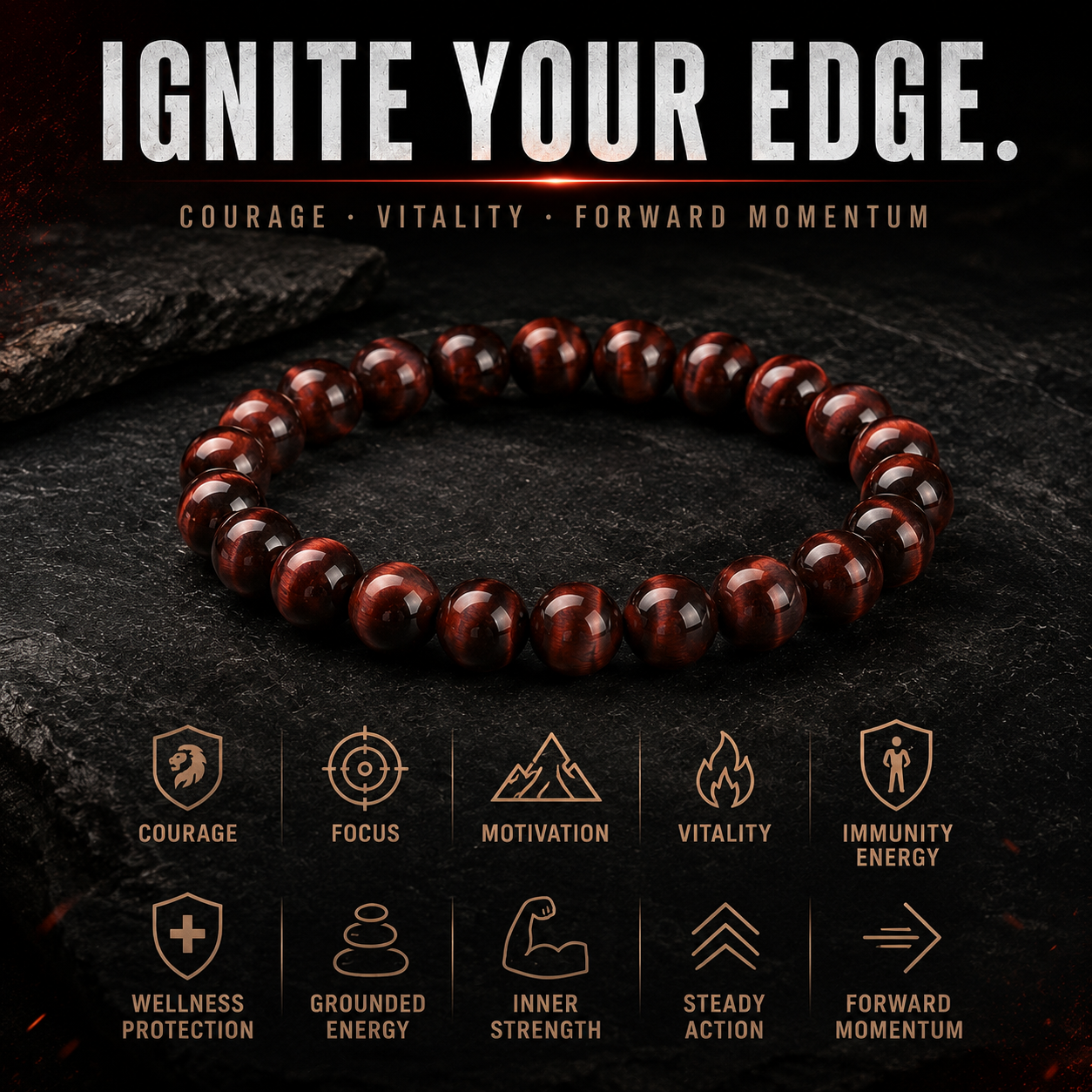 Bracelet Œil de Tigre Œil Rouge — Perles Énergétiques en Pierre Naturelle