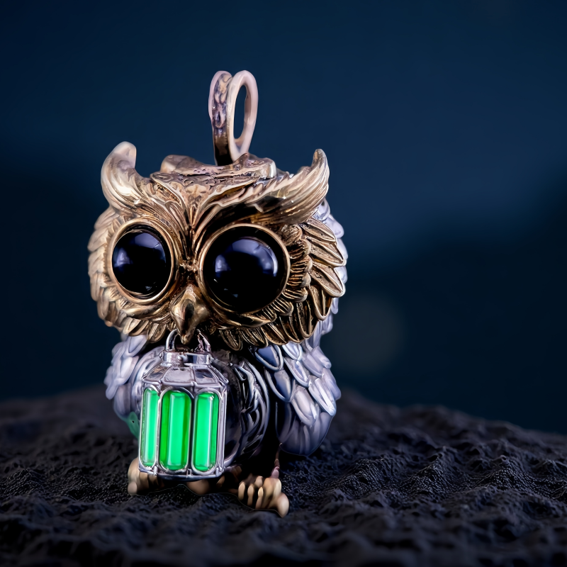【Early Bird】Owl Trinity Pendant – Handcrafted Brass & Obsidian Owl Necklace with Tritium Glow | EDC Paracord Bead