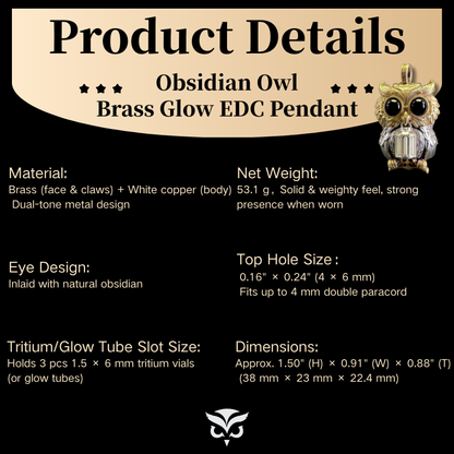 【Early Bird】Owl Trinity Pendant – Handcrafted Brass & Obsidian Owl Necklace with Tritium Glow | EDC Paracord Bead