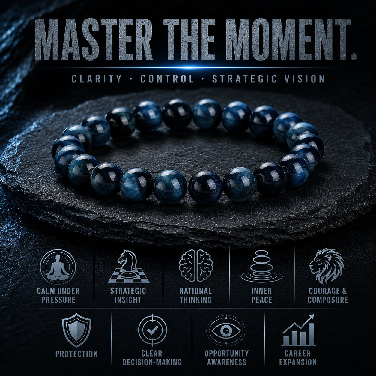 Bracelet œil de tigre bleu profond — Perles d'énergie en pierre naturelle