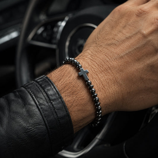 Natural Hematite Cross Bead Bracelet