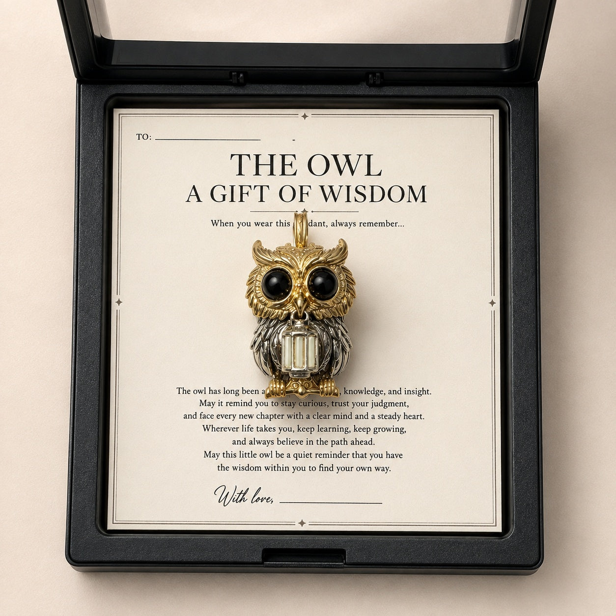 Owl Trinity Pendant – Handcrafted Brass & Obsidian Owl Necklace with Tritium Glow | A Gift of Wisdom