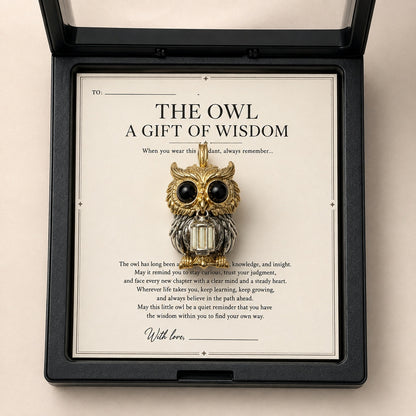 Owl Trinity Pendant – Handcrafted Brass & Obsidian Owl Necklace with Tritium Glow | A Gift of Wisdom