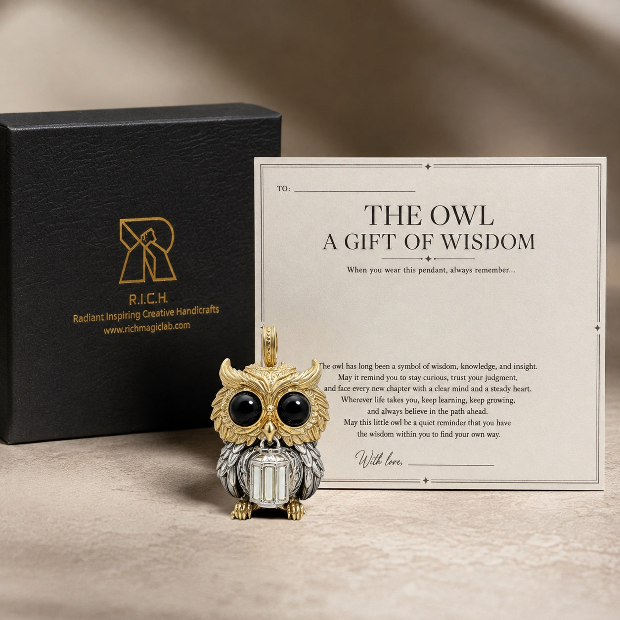 Owl Trinity Pendant – Handcrafted Brass & Obsidian Owl Necklace with Tritium Glow | A Gift of Wisdom