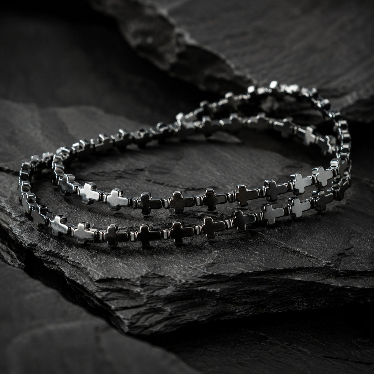 Natural Hematite Cross Double-Wrap Bracelet