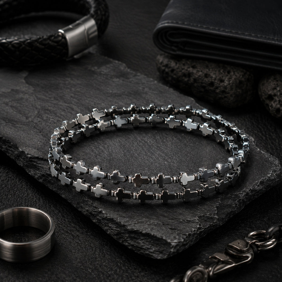 Natural Hematite Cross Double-Wrap Bracelet