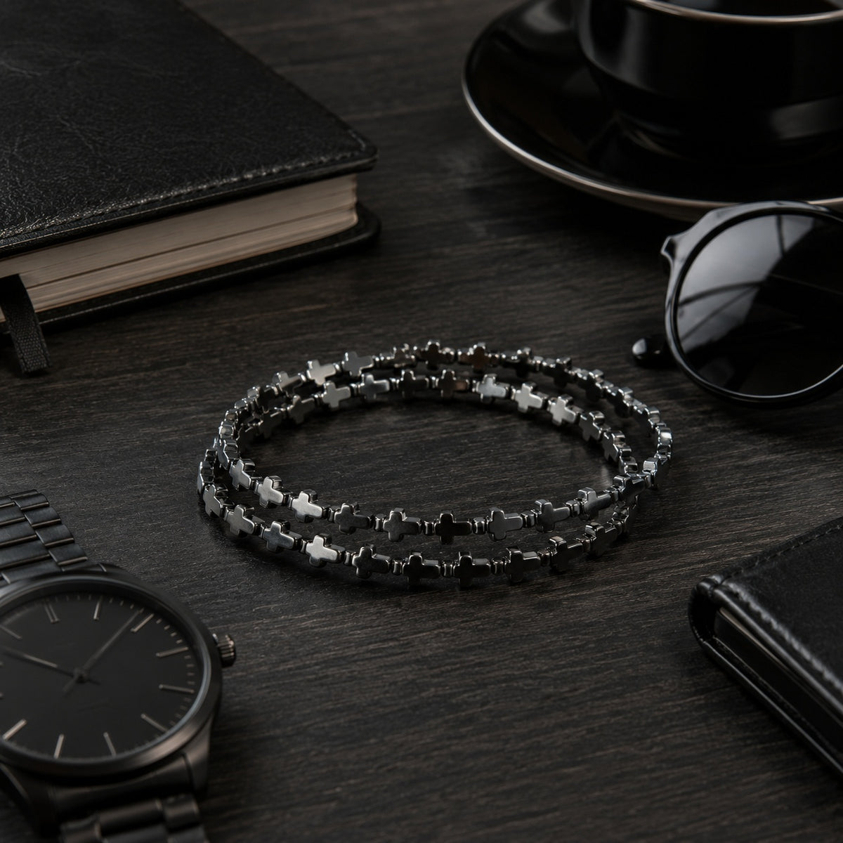 Natural Hematite Cross Double-Wrap Bracelet