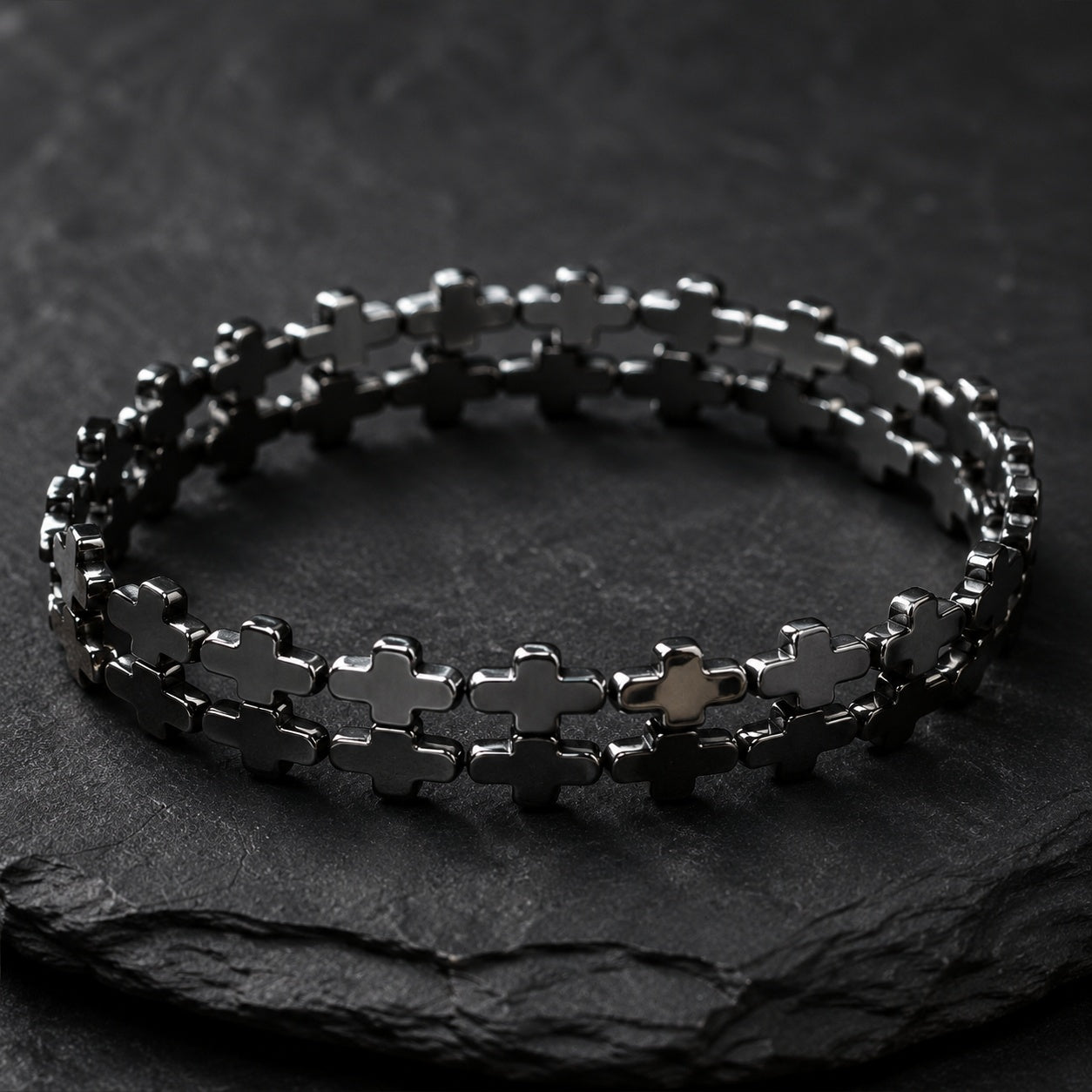 Natural Hematite Cross Double-Wrap Bracelet