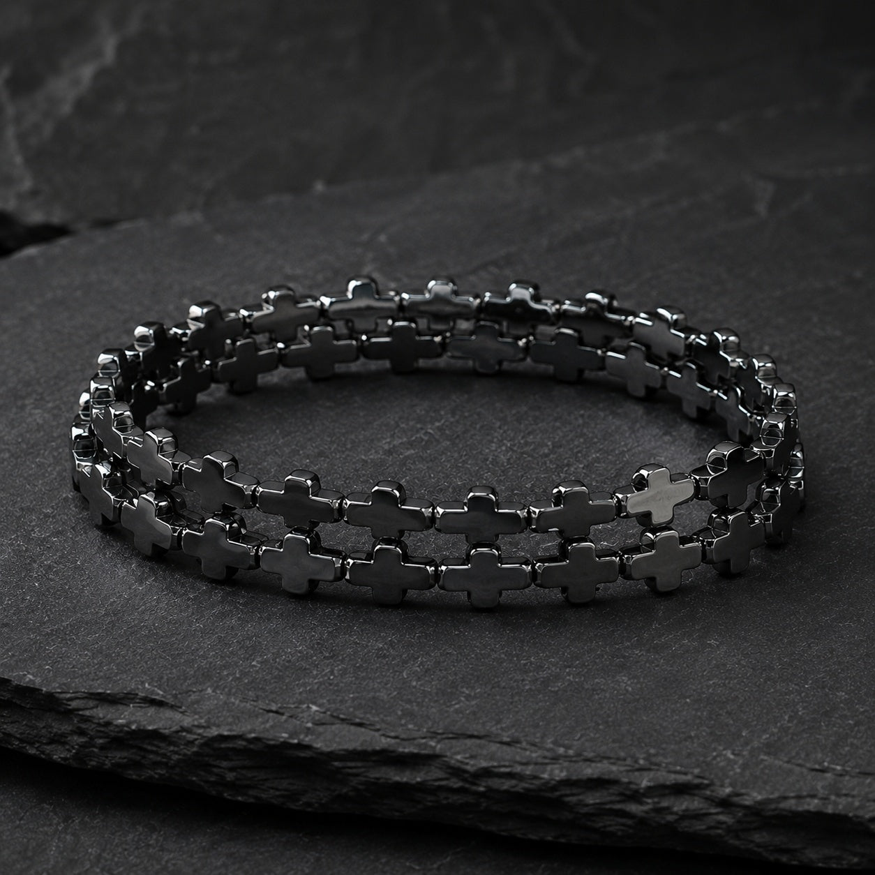 Natural Hematite Cross Double-Wrap Bracelet